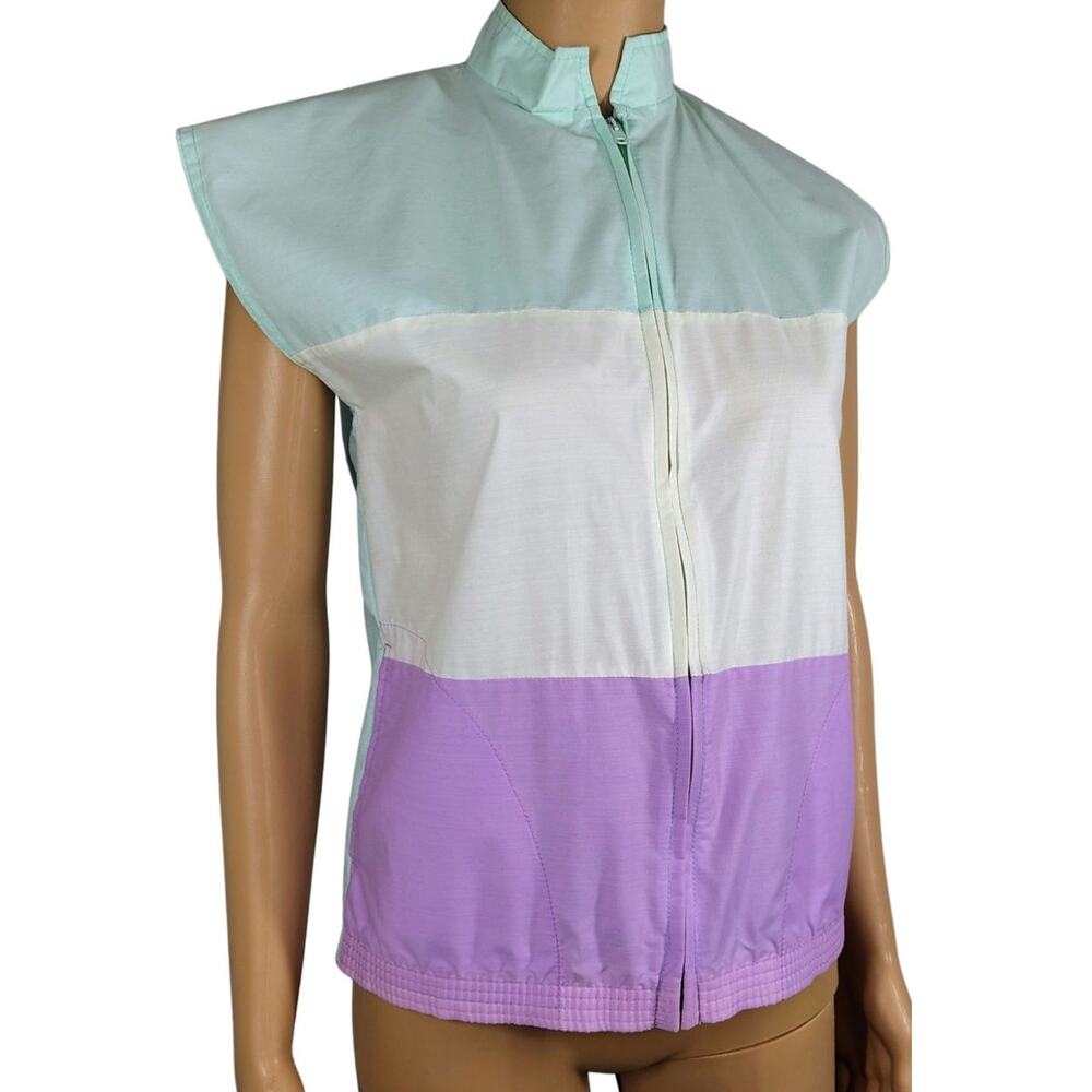 1970s Color Block Zip Up Sleeveless Purple Green White Windbreaker Size Medium